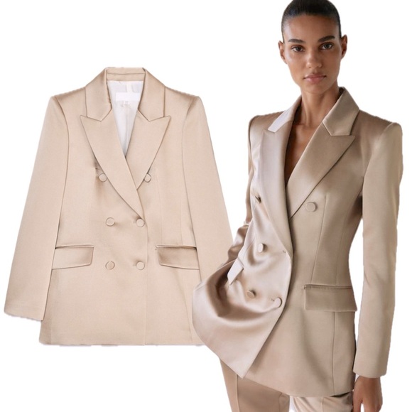 Zara Double Breasted Satin Effect Cream Tan Mink Blazer Suit Jacket Bridal - Picture 1 of 17